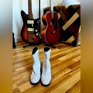 HALMANERA sold out white leather boots with red heels